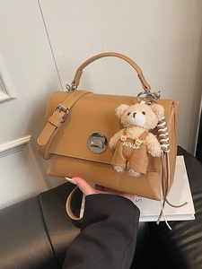 Vintage PU Leather Small Square Crossbody Bag For Women Fashion Versatile Top Handle Messenger Bag With Bear Plush Charm