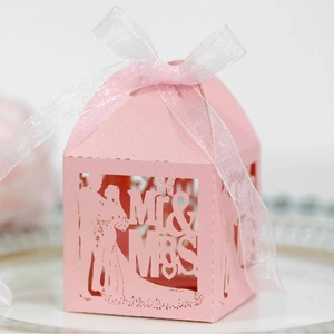 Detailed laser-cut Mr & Mrs silhouette on pink pearlescent wedding favor box
