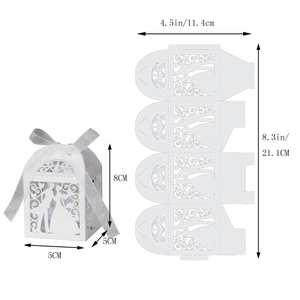 Detailed dimensions of laser-cut wedding favor box with bride and groom silhouette