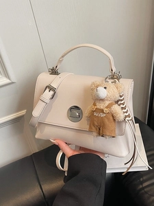 Vintage cream square handbag with detachable strap and cute bear pendant accessory