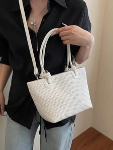 Women's Fashion Woven PU Leather Tote Bag Minimalist Bucket Shoulder Crossbody Bag With Knot Handle For Daily Travel