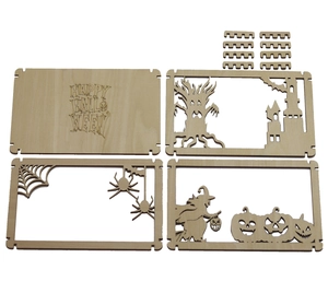 DIY Halloween 3D wooden craft kit with laser-cut pumpkin and spider web wood frame panels
