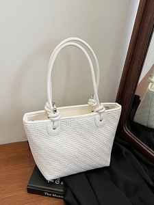 White woven texture tote bag with stylish knot handle and silver metal accents for women