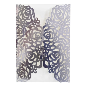 Laser-cut silver mirror wedding invitation featuring an intricate rose flower pattern