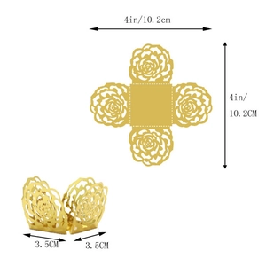 Detailed size chart for rose gold laser cut cupcake wrappers showing flat and folded dimensions