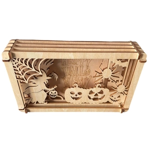 3D multilayer wooden shadow box with Happy Halloween laser-cut pumpkin and witch design
