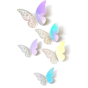 Detail of 3D layered iridescent paper butterflies with intricate laser-cut hollow patterns