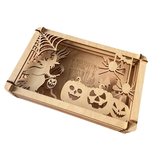 3D laser-cut wooden Halloween box featuring witches, pumpkins and a castle scene