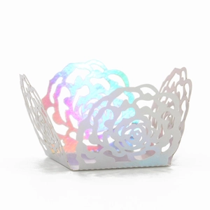Detailed laser-cut iridescent rose hollow cupcake wrapper for wedding party cake decor