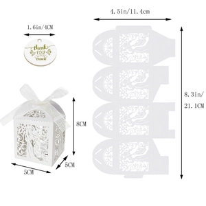 Detailed dimensions of hollow gift box with ribbon and thank you tag for party favors