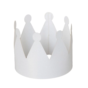 Detail view of white paper crown napkin ring with scalloped edges and frosted finish