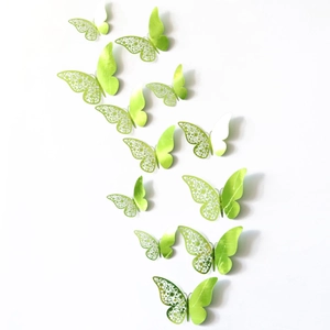 Detailed set of 12 green 3D butterfly wall stickers with laser-cut hollow patterns