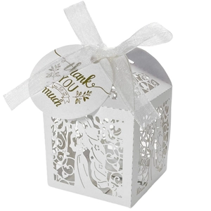 Detailed laser-cut white gift box with silk ribbon and Thank You tag for weddings