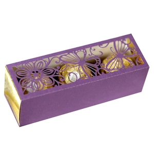 Detail of laser-cut purple gift box with butterfly pattern for three chocolates