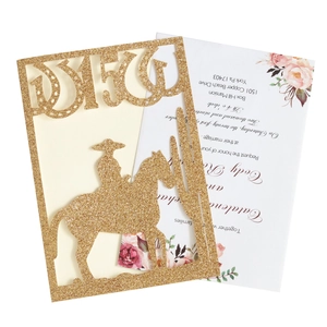 Gold glitter laser cut 15th birthday invitation card with Mexican Charro horse silhouette