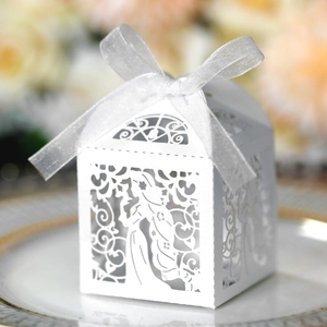 Boîte cadeau découpée au laser avec silhouette de princesse et ruban en organza blanc