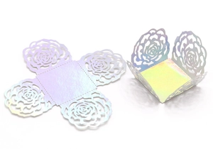 Macro detail of laser-cut rose hollow pattern on iridescent mirror finish gift boxes