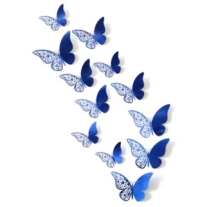 Blue 3D butterfly wall stickers with intricate laser-cut hollow lace patterns, 12-piece set
