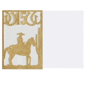 Close-up of glitter gold laser cut card with cowboy, cactus, and number 15 design