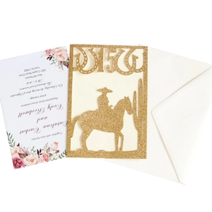 Golden glitter laser cut Quinceanera invitation set with cowboy silhouette and envelopes