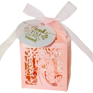 Detail of pink hollow-out candy box with princess pattern and Thank You tag