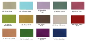 Detailed color chart showing 14 mirror and rainbow finishes for snowflake napkin rings
