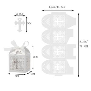 Detailed dimension guide for laser cut white cross favor box with assembly measurements