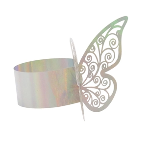 Close-up of laser-cut hollow butterfly napkin ring with holographic pink mirror finish