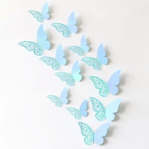Detail of 3D gradient blue laser-cut butterfly wall stickers with iridescent pearlescent finish