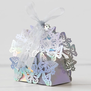 Macro shot of laser holographic wedding favor box with hollow butterfly and ribbon bow