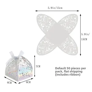 Détails de la boîte à bonbons rose découpée au laser avec dimensions à plat de 15x15cm