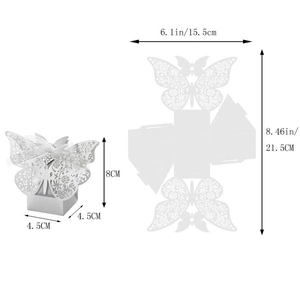 Detailed size specifications of white laser-cut butterfly rose wedding candy gift box
