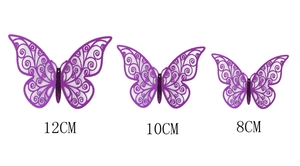 Three sizes of purple laser-cut hollow butterfly wall stickers measuring 12cm, 10cm, and 8cm