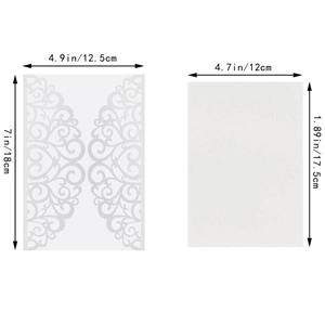 Detailed laser-cut pattern on white wedding invitation cover with dimension markings