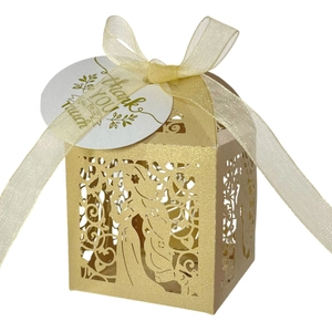 Golden laser-cut hollow gift box with Thank You tag and organza ribbon for party favors