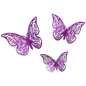 Three-piece set of purple metallic hollow butterflies with intricate scroll patterns