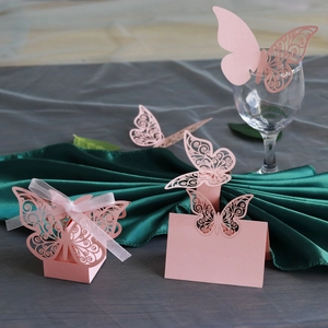 Pink laser-cut butterfly gift box and place card for wedding party table decorations