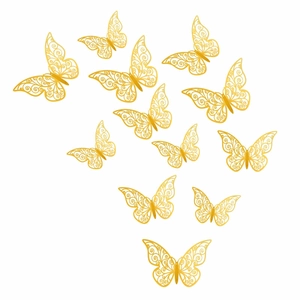 Set of 12 golden 3D hollow butterfly wall stickers with intricate laser-cut patterns