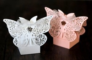 Macro detail of laser-cut butterfly wedding favor box with intricate rose patterns