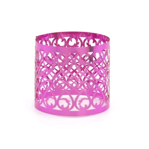 Detailed view of magenta hollow geometric napkin ring with metallic luster and floral patterns