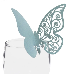 Light blue butterfly place cards with laser cut hollow patterns for wine glass decor