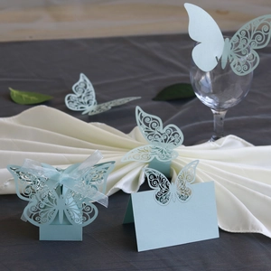 Elegant light blue laser cut butterfly wedding party decor set including favor box and cards