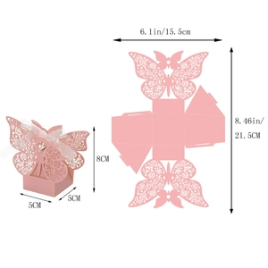 Laser cut butterfly favor box showing detailed dimensions and flat packaging view