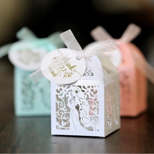 Laser cut favor boxes with ribbon and thank you tags for wedding party gift packaging