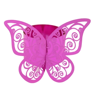 Detail showing laser-cut butterfly napkin ring in metallic purple for wedding decor