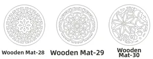 Detailed laser-cut flower patterns on round wooden coasters in three geometric styles