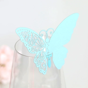 Laser-cut light blue paper butterfly decoration for wine glass rim with hollow patterns