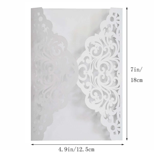 Detail of laser-cut white floral wedding invitation cover with 18x12.5cm dimensions