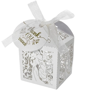 White laser cut gift box with floral patterns, thank you tag and elegant ribbon