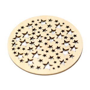 Round wooden coaster with laser-cut star patterns made of natural light wood material